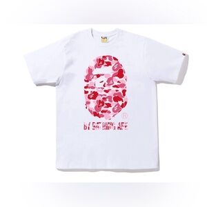 Bape White Tee with Pink and Brown Camo Ape Logo